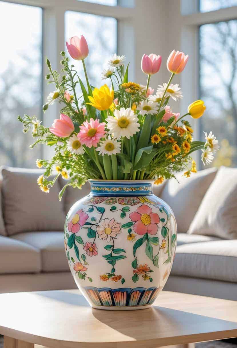 A hand-painted ceramic vase filled with fresh seasonal flowers on a coffee table in a bright living room.
