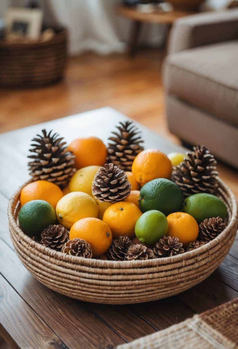 A woven basket bowl on a wooden coffee table filled with pinecones and citrus fruits.