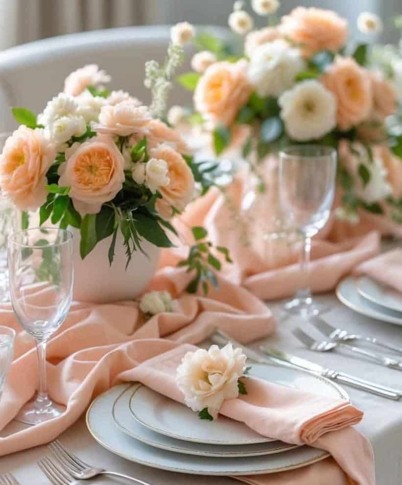 A table set with white plates, silver cutlery, glassware, peach napkins, and floral centerpieces featuring peach and white flowers.