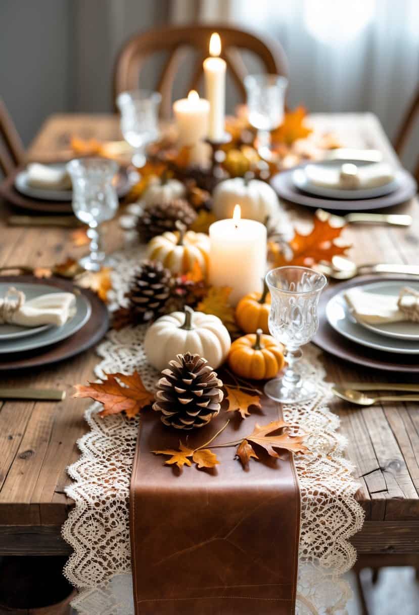A fall tablescape with a wooden table decorated with lace runner, leather placemats, pumpkins, dried leaves, pinecones, and candles.