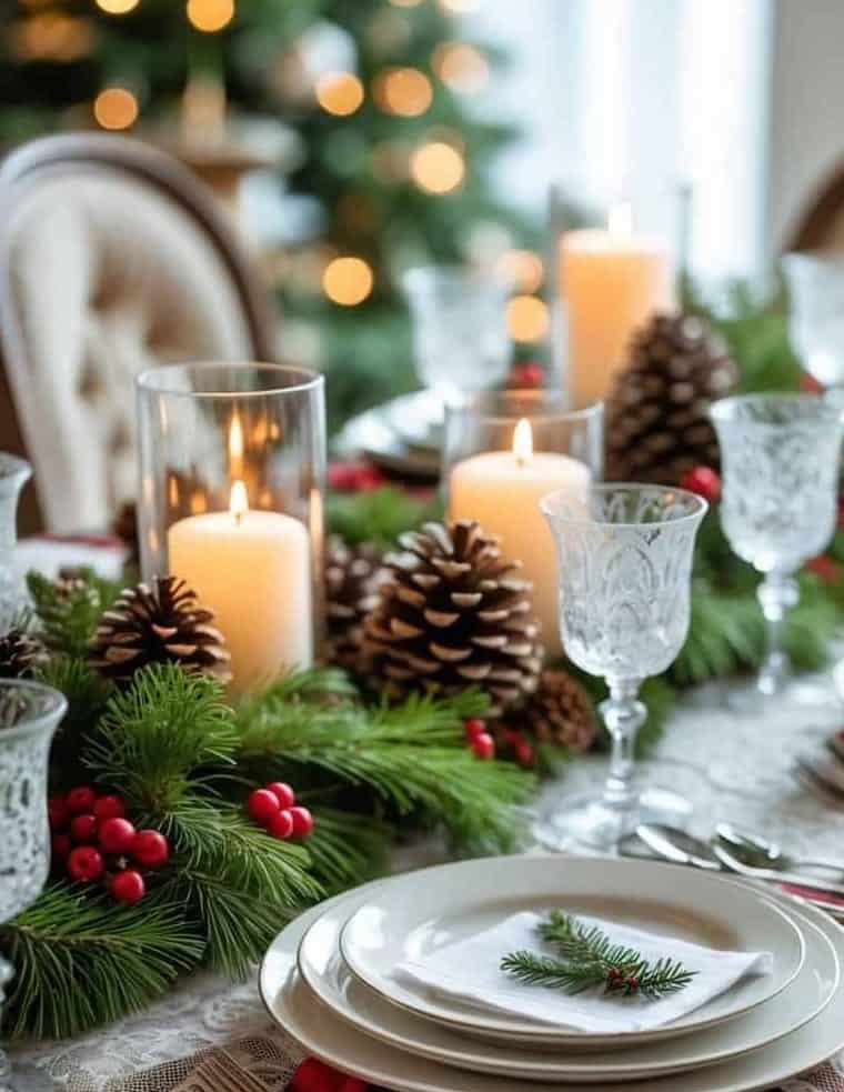 Festive dining table set with white plates, crystal glasses, candles, pinecones, and evergreen branches on a plaid tablecloth, with blurred Christmas tree lights in the background.