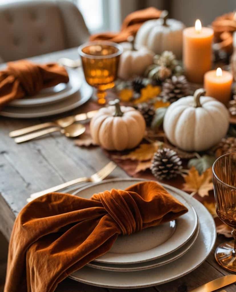 A rustic dining table set for fall, featuring orange napkins, white pumpkins, pinecones, leaves, candles, and gold cutlery.