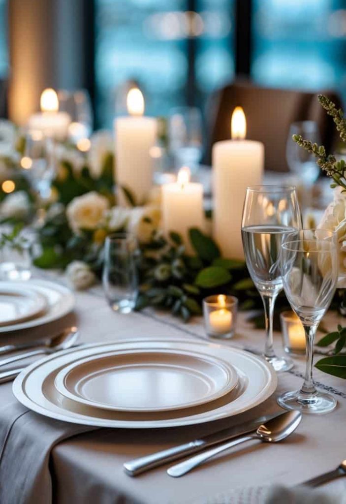 A formal dining table set with white plates, glassware, silverware, floral arrangements, and lit candles, with a window view in the background.