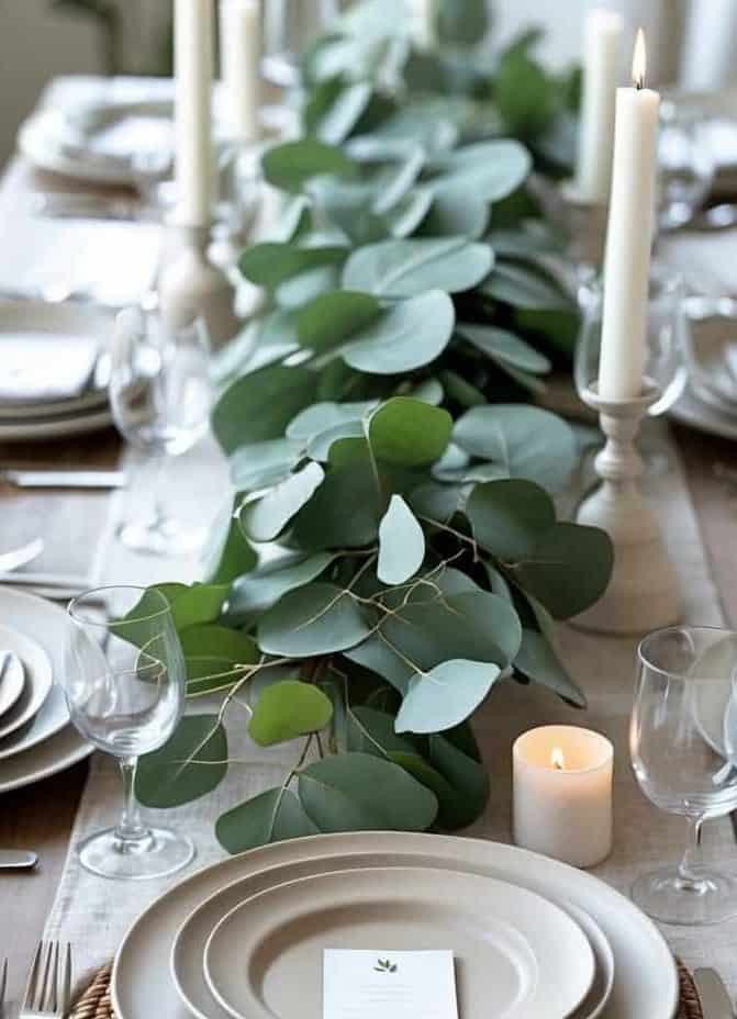 A dining table set with neutral-colored plates, glasses, cutlery, tall white candles, a green eucalyptus centerpiece, and a woven placemat under each setting.