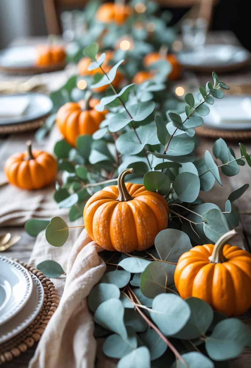 A tablescape centerpiece with eucalyptus branches and small orange miniature pumpkins on a wooden table.