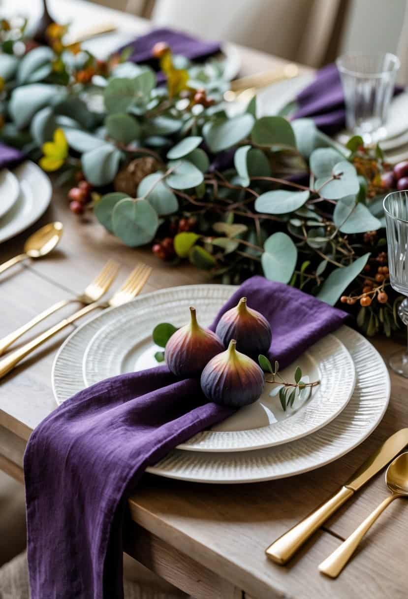 A fall table set with eucalyptus sprigs, figs, napkins, plates, and glassware arranged for a meal.