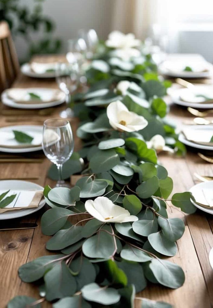 A wooden dining table set for a meal features a green eucalyptus and white flower garland as a centerpiece, surrounded by plates, glasses, and cutlery.