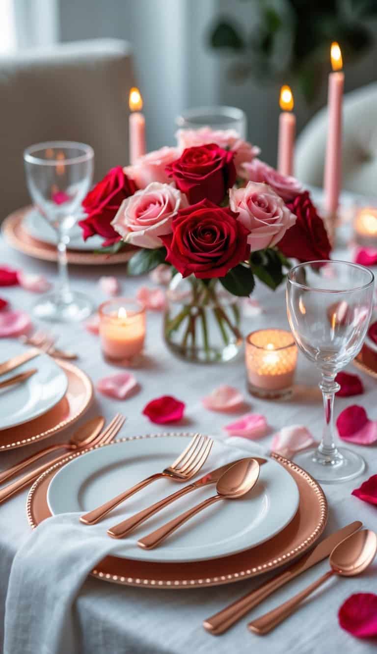 A romantic dining table set with rose gold cutlery, white plates, pink and red rose petals, candles, and a floral centerpiece.