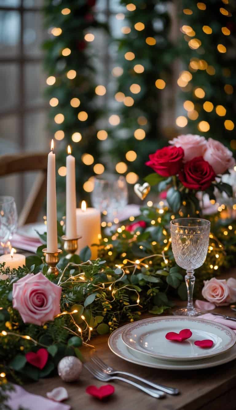 A romantic table decorated with tiny fairy lights woven through green foliage, surrounded by flowers, candles, and elegant tableware.