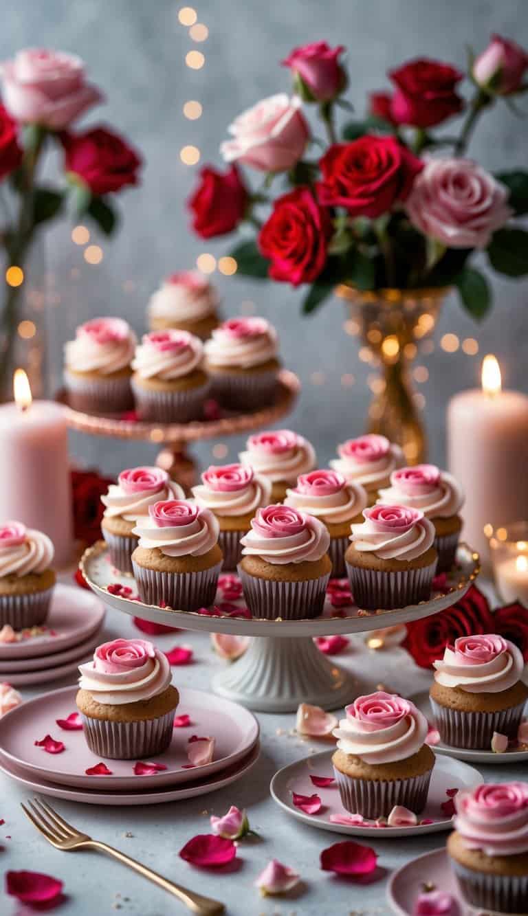 A table set for Valentine's Day with cupcakes decorated with edible rose petals, surrounded by roses, candles, and romantic decorations.