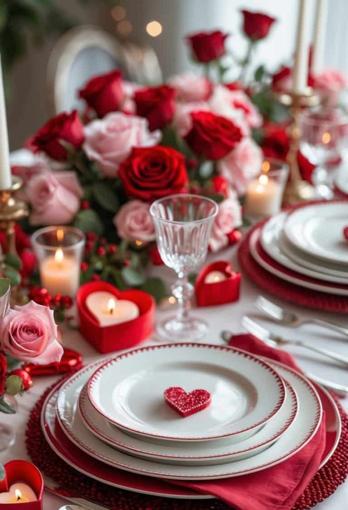A table set with white plates, red placemats, silver cutlery, crystal glassware, red and pink roses, candles, and a small heart-shaped decoration on each plate.