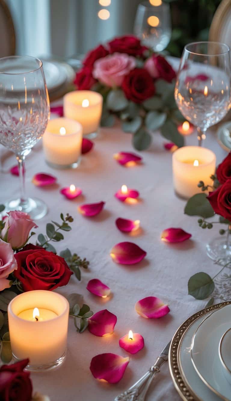 A romantic table set for Valentine's Day with lit scented votive candles, rose petals, flowers, and elegant dinnerware.