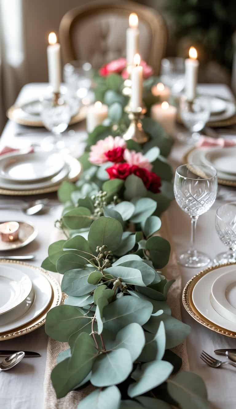 A Valentine's Day table decorated with a delicate eucalyptus garland, candles, flowers, plates, and glasses.