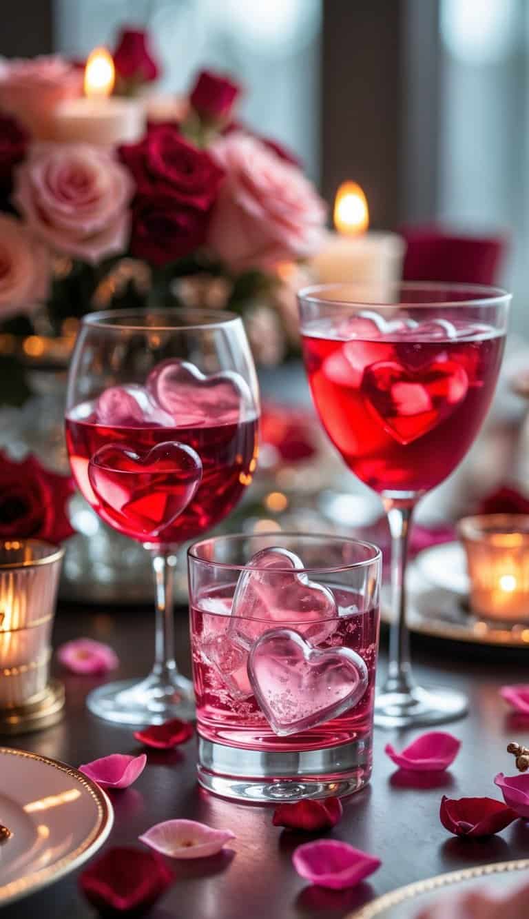 Close-up of heart-shaped ice cubes in glasses on a decorated Valentine's Day table with rose petals and candles.