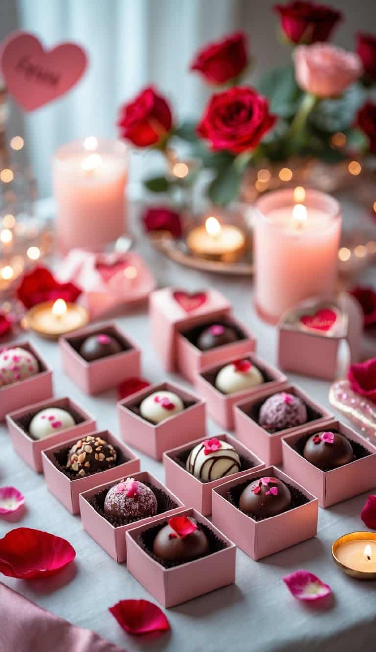 A table set for Valentine's Day with mini boxes of assorted chocolate truffles, rose petals, candles, and floral decorations.