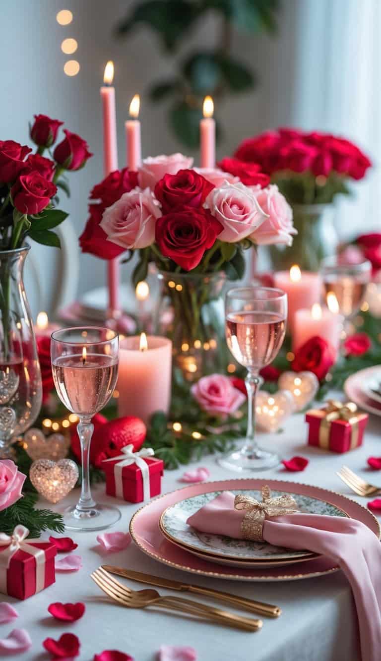 A romantic Valentine's Day table set with red and pink roses, heart-shaped candles, rose petals, fine china, and sparkling wine glasses.