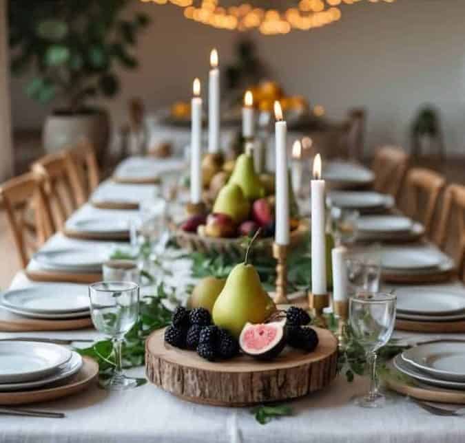 A long dining table set with white dishes, candles, and assorted fresh fruits arranged on platters as centerpieces.