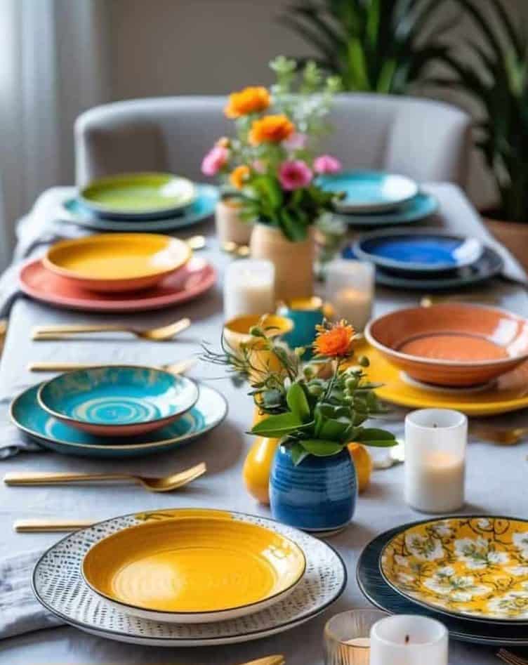 A dining table set with colorful plates, gold cutlery, lit candles, and small flower arrangements, with plants in the background.