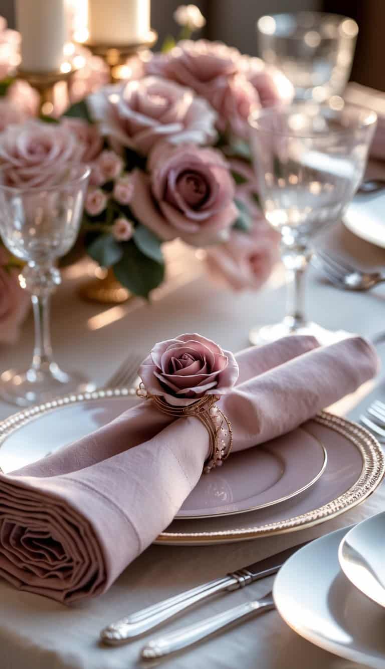 A table set with dusty rose napkin rings on folded napkins, surrounded by rose-themed decorations and floral arrangements.