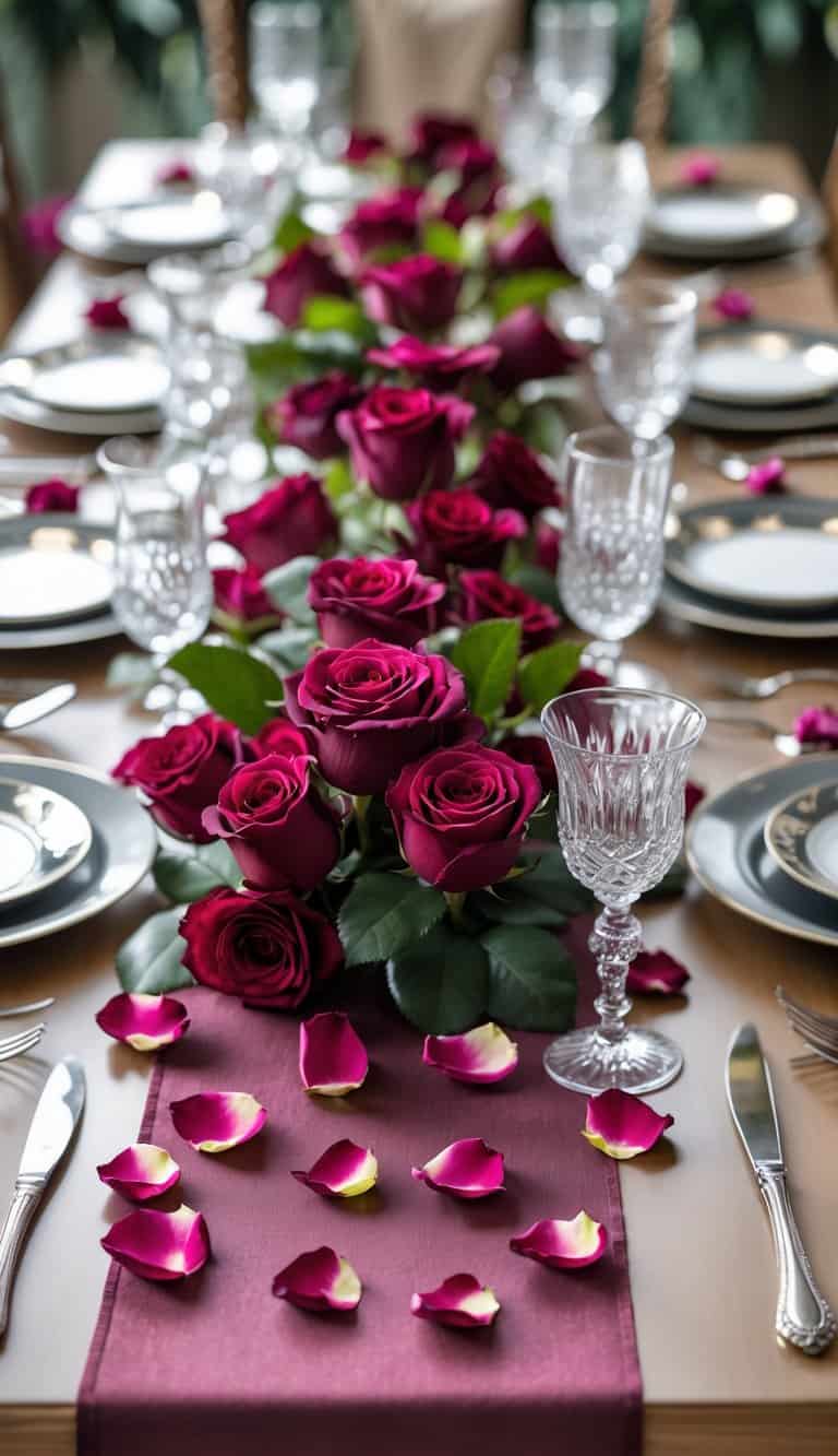 A table set with a deep raspberry rose table runner, decorated with numerous rose flowers and elegant tableware.