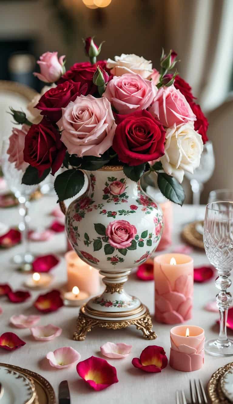 A table with an antique rose vase filled with fresh roses surrounded by various rose-themed table decorations and place settings.
