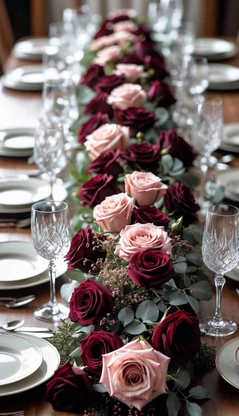 A dining table decorated with a large arrangement of burgundy and blush roses, surrounded by tableware and glassware.