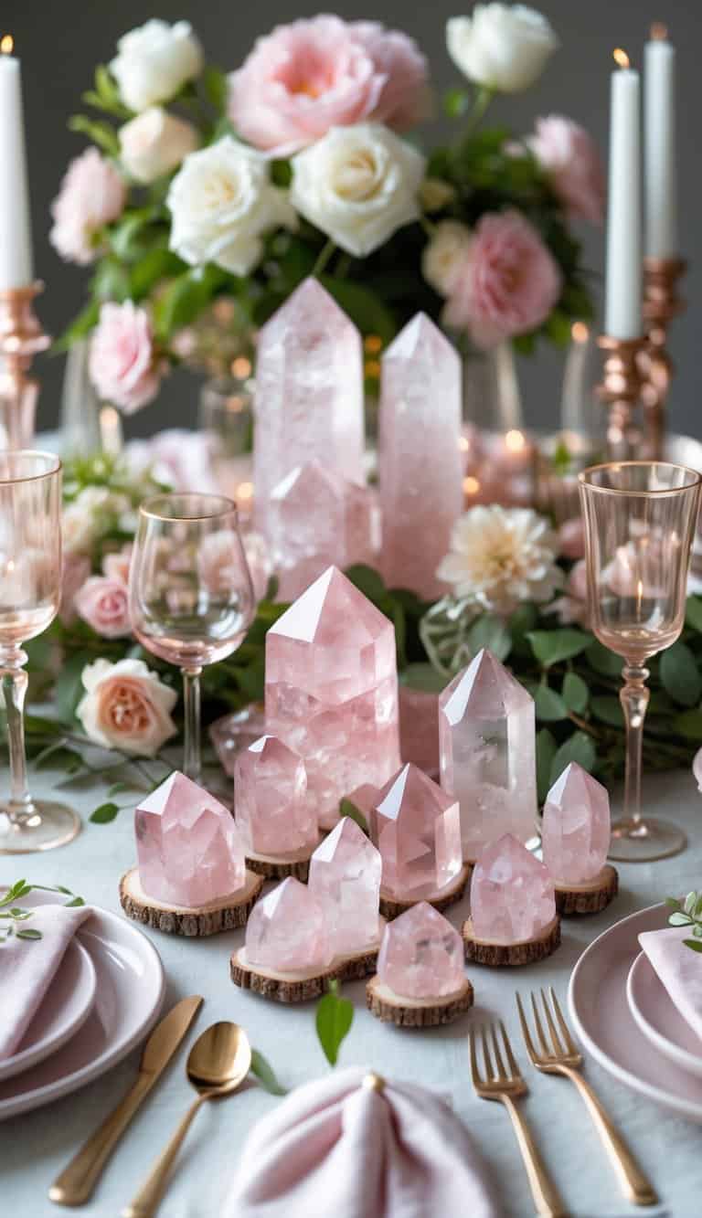 A beautifully arranged table with rose quartz crystals, pink and white flowers, candles, and elegant tableware.