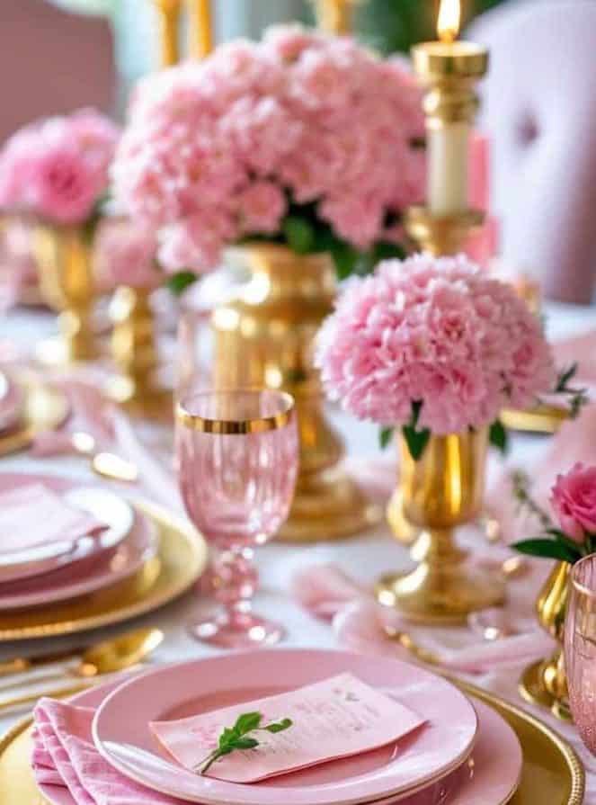 A formal dining table set with pink plates, gold cutlery, pink glasses, gold candle holders, and pink floral centerpieces.