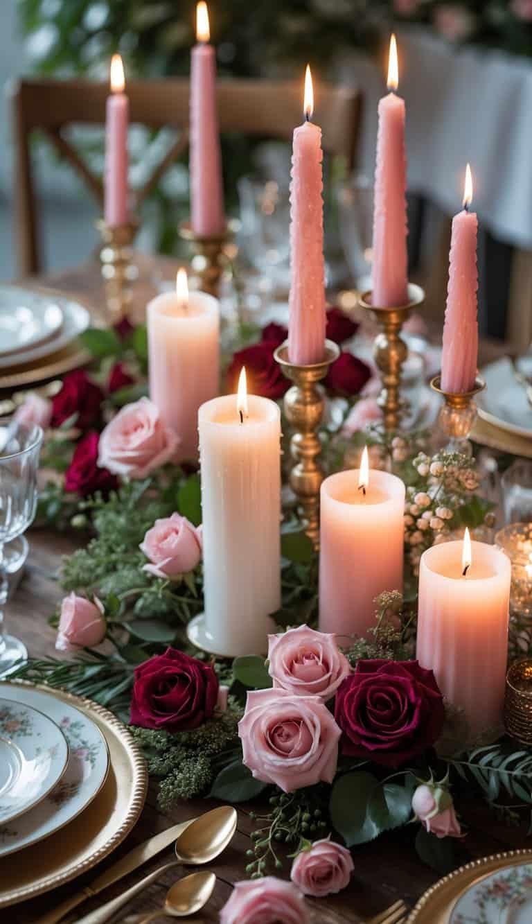 A table decorated with lit pillar candles surrounded by pink and red roses, glassware, plates, and gold cutlery.