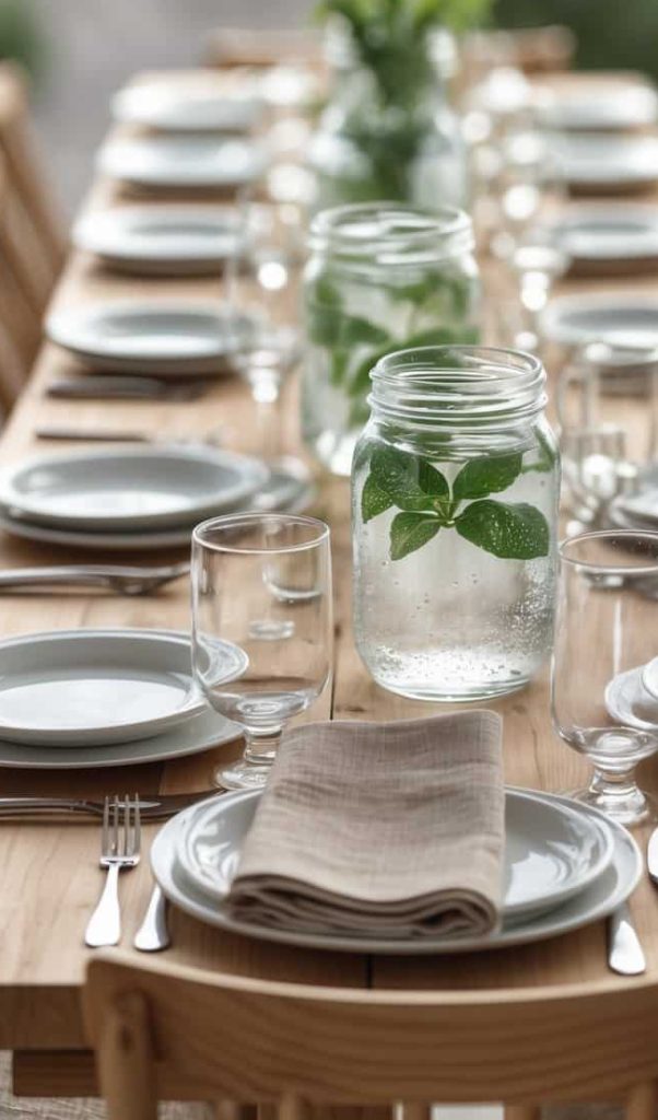 A wooden dining table set with plates, glasses, cutlery, and beige napkins; jars of water with mint leaves serve as centerpieces.
