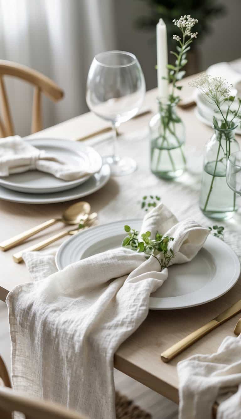 A dining table set with white plates and neatly folded linen napkins, decorated with small green plants and soft natural lighting.
