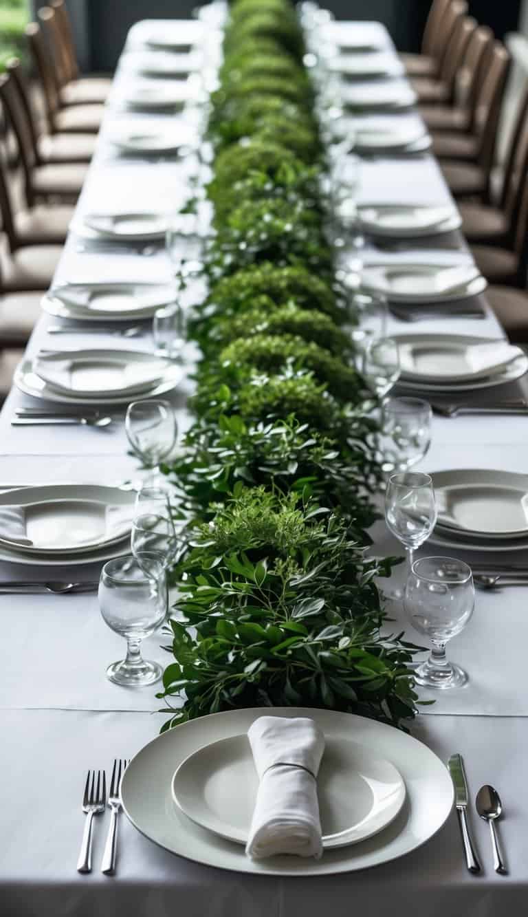 A long dining table set for 50 people with simple place settings and a single continuous green foliage centerpiece running down the middle.