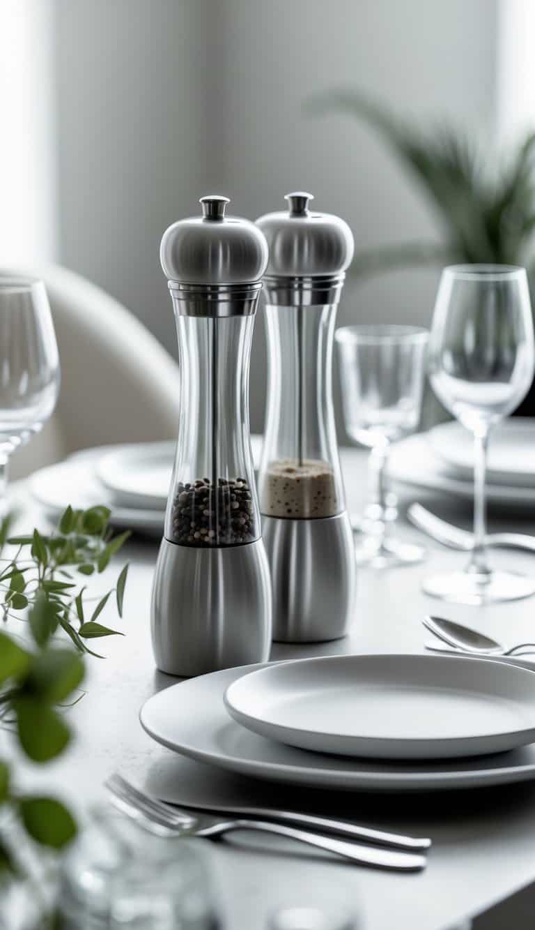 A dining table set with simple white plates, clear glasses, silver cutlery, and a pair of modern salt and pepper grinders.