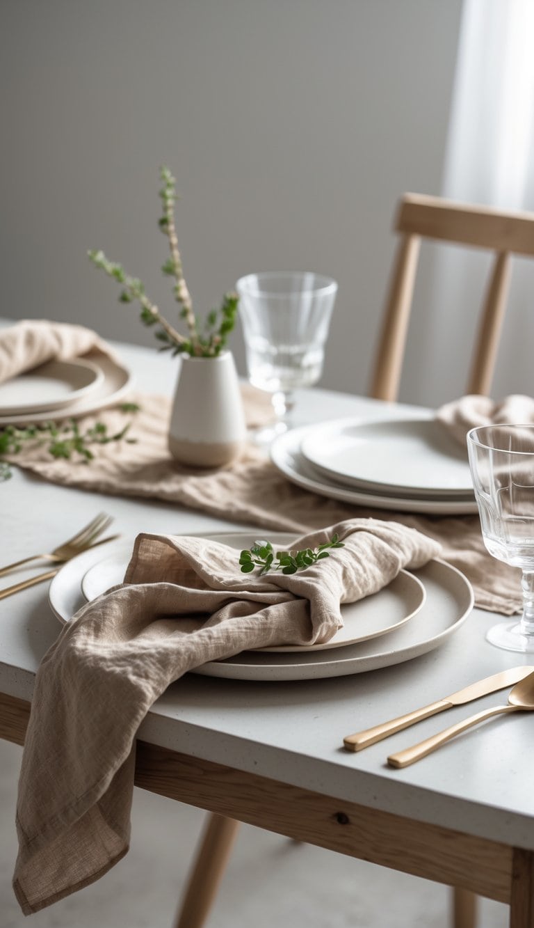 A simple table setting with natural fiber napkins on white plates, clear glasses, and minimal decor on a wooden table.