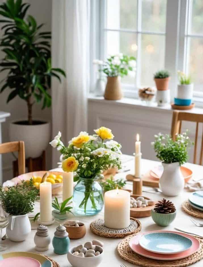 A dining table set with pastel plates, woven placemats, candles, flowers, and decorative items in a bright room with large windows and potted plants.