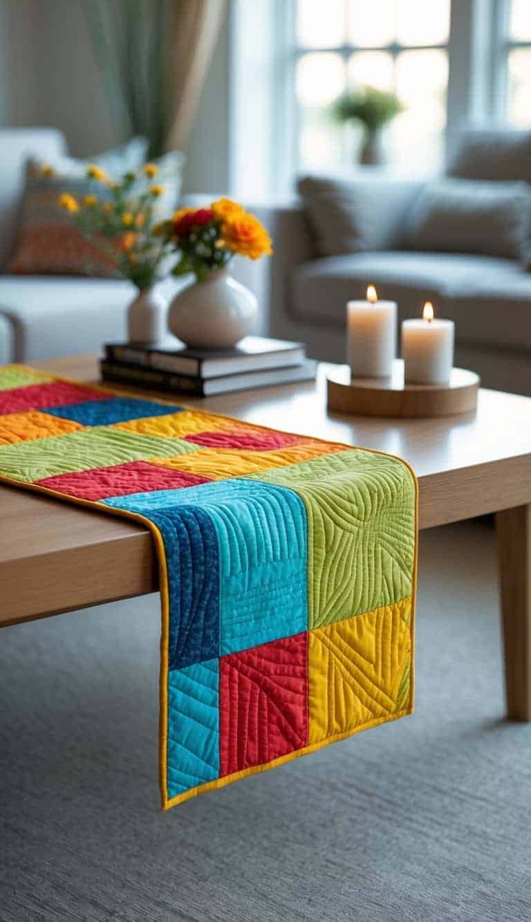A colorful patchwork quilted table runner on a coffee table with decorative items around it.