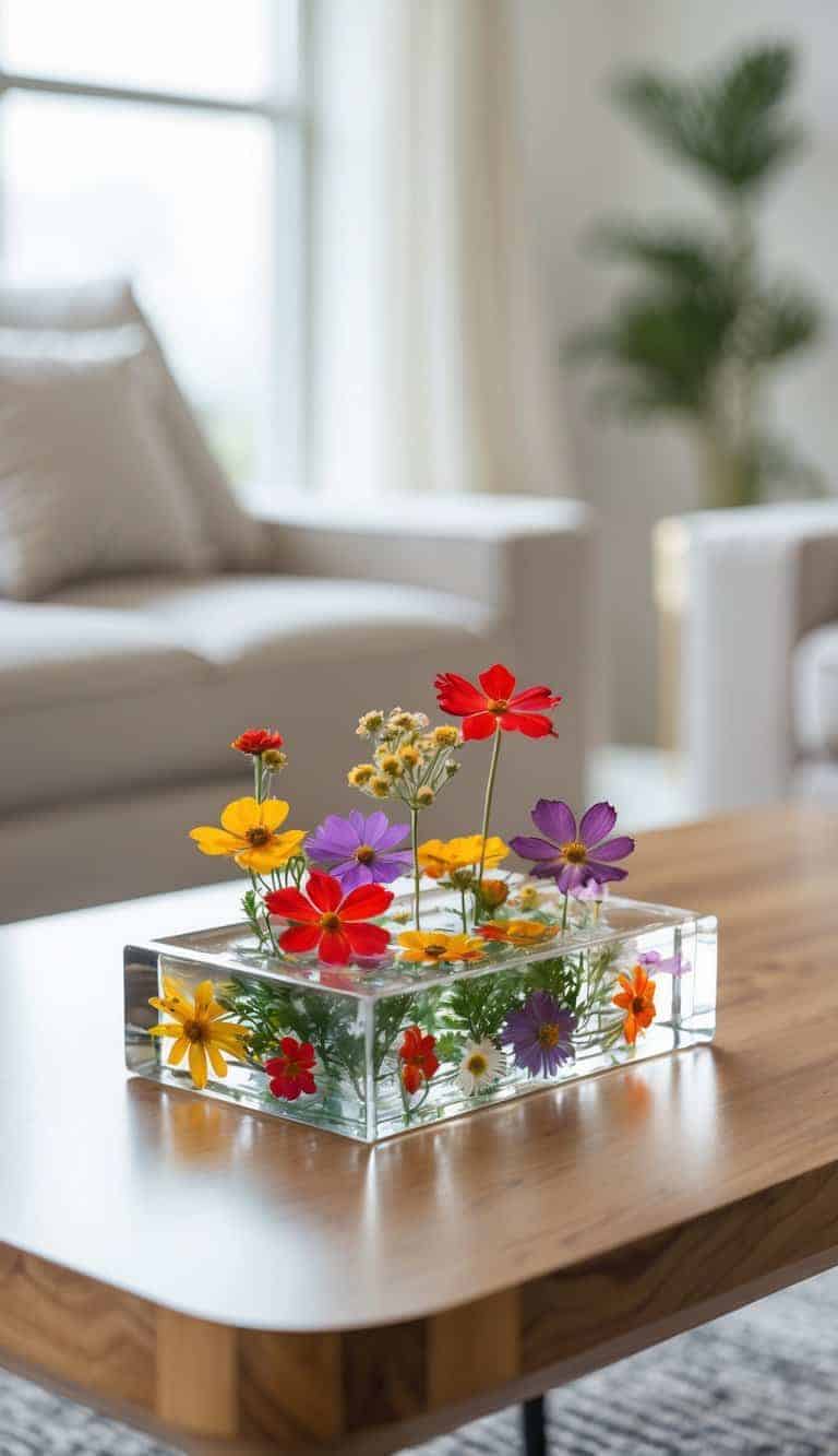 Clear resin tray with colorful pressed flowers arranged as a coffee table centerpiece on a wooden table.