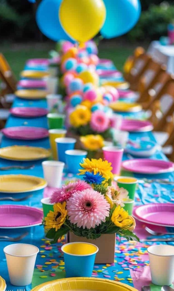 A long outdoor party table is set with colorful plates, cups, and flower centerpieces, with balloons and confetti as decorations. Empty chairs are neatly arranged along the table.