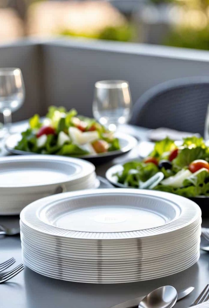 A stack of white plates, cutlery, and napkins are arranged on a table set with salads and glasses of water, ready for a meal outdoors.