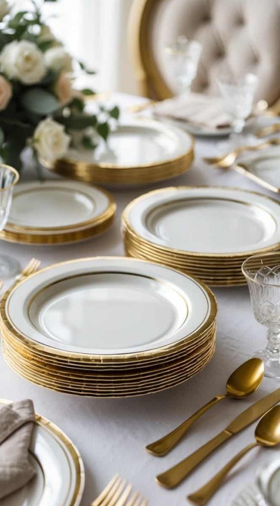 A formal dining table set with stacked white and gold plates, gold utensils, crystal glasses, beige napkins, and a floral centerpiece.
