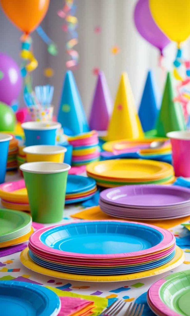 A table set with colorful plates, cups, and napkins, surrounded by balloons and party hats, decorated with confetti for a celebration.