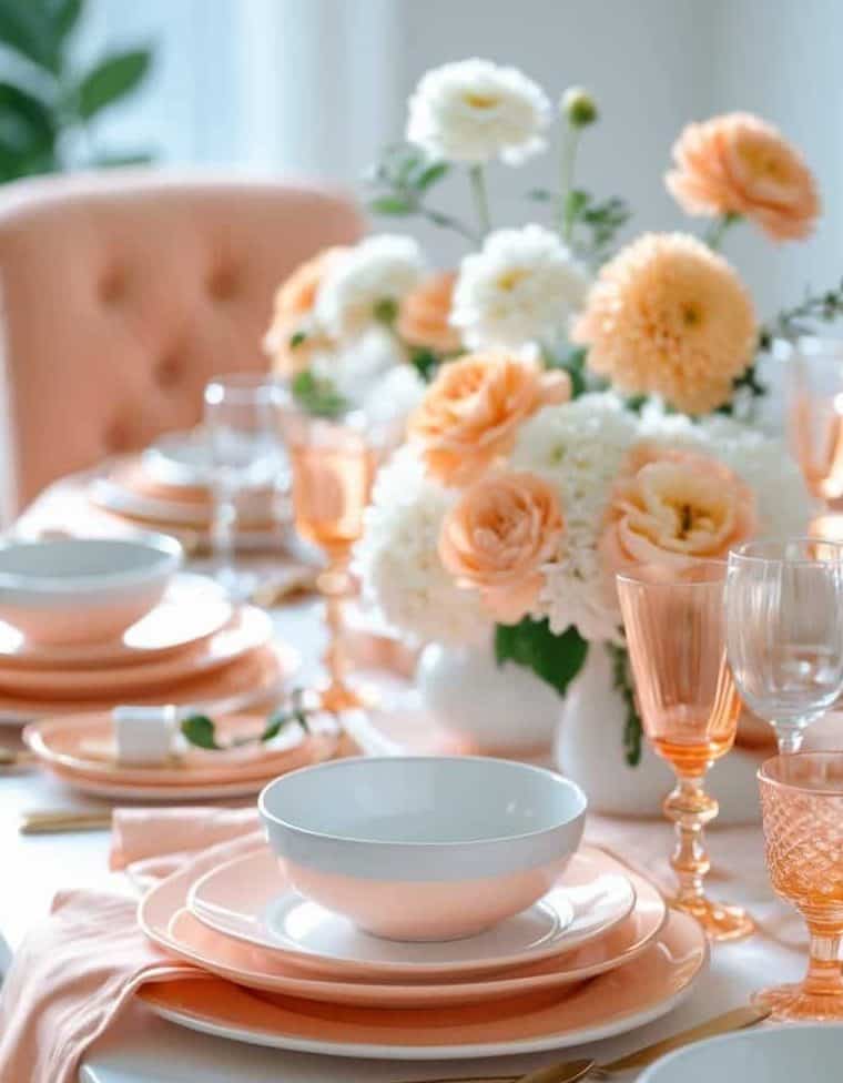A dining table set with peach and white dinnerware, matching glassware, gold cutlery, and a floral centerpiece featuring white and peach flowers.