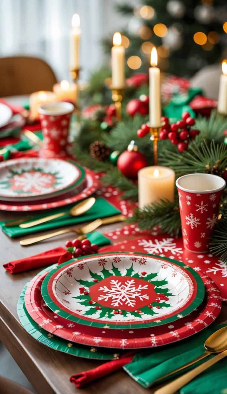 A holiday table set with colorful disposable plates, cups, napkins, and cutlery surrounded by festive decorations like pine branches and candles.