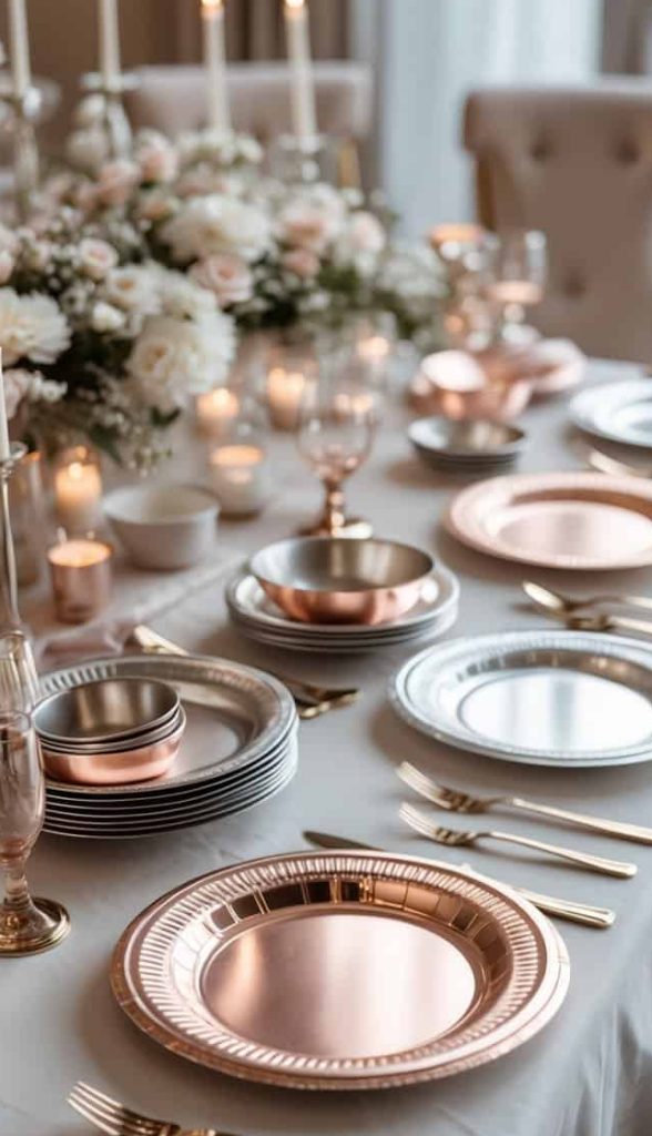 Elegant dining table set with metallic plates, gold cutlery, glassware, and floral centerpieces, surrounded by lit candles on a white tablecloth.