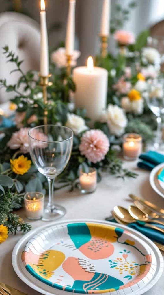 A decorated dining table set with floral centerpieces, candles, gold cutlery, teal napkins, glassware, and colorful patterned paper plates.