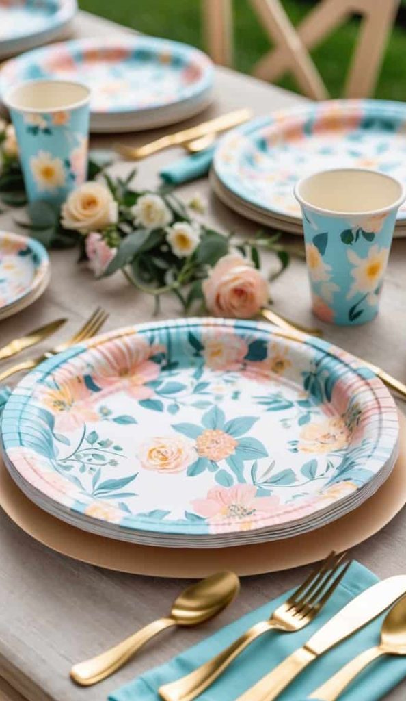A table set for a meal with floral-patterned paper plates, matching cups, gold-colored cutlery, teal napkins, and flower arrangements.