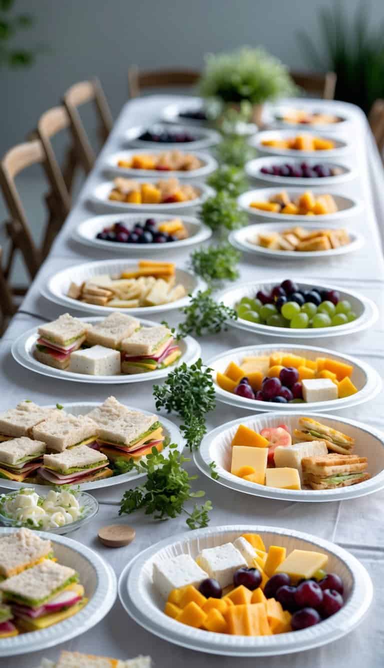A long table set with 50 disposable snack plates filled with assorted snacks for a casual event.
