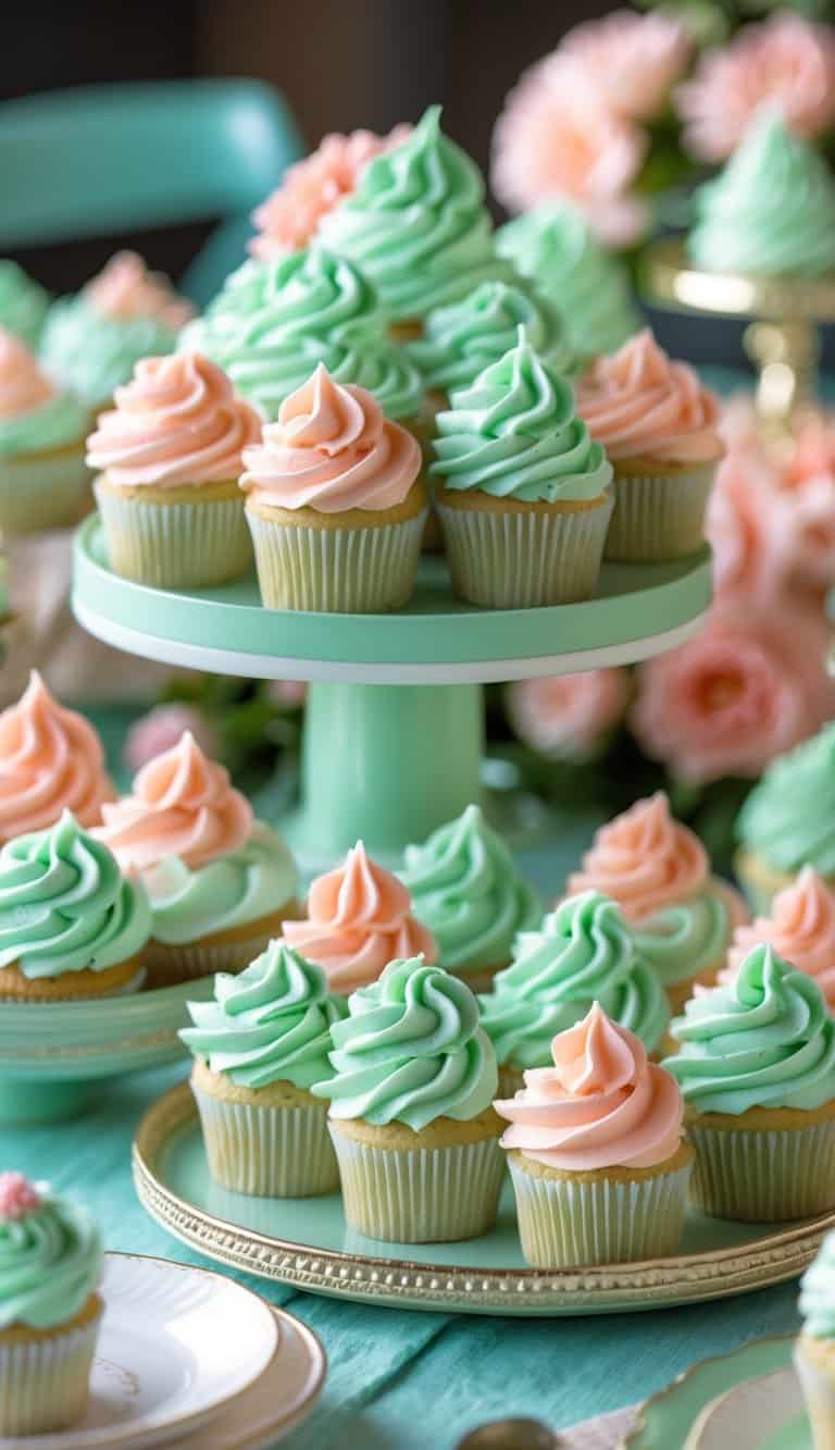 Cupcakes with mint green and coral frosting arranged on a decorated table with matching pastel tableware and floral accents.