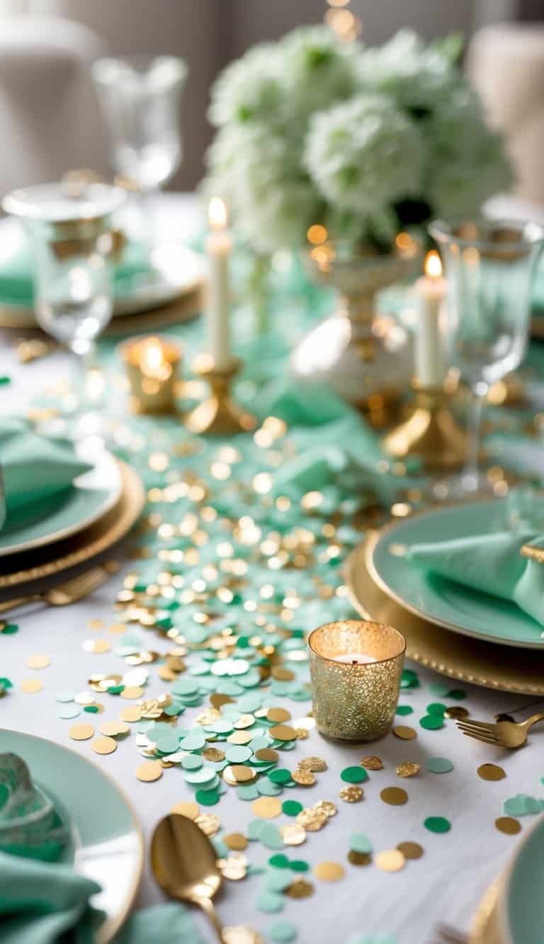 Close-up of a table covered with mint green and gold confetti scattered over a decorated surface.