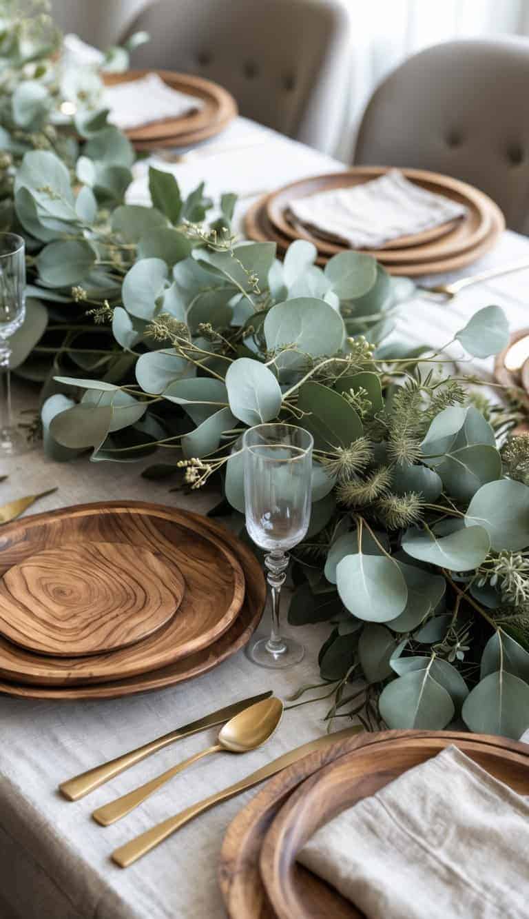 A dining table set with rustic wooden chargers and eucalyptus branches arranged as a centerpiece.